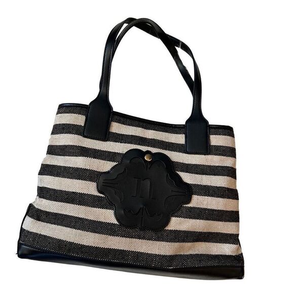 Nanette Lepore black creme striped purse cloth vegan leather - Picture 1 of 15